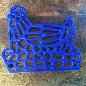 Vintage Blue Rooster Trivet Chicken Iron Retro 6" x 5"